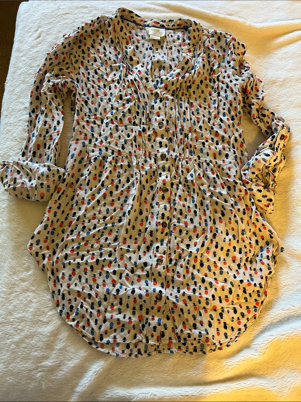 Maeve Beige Button-Down Shirt with Red and Navy Dot Print